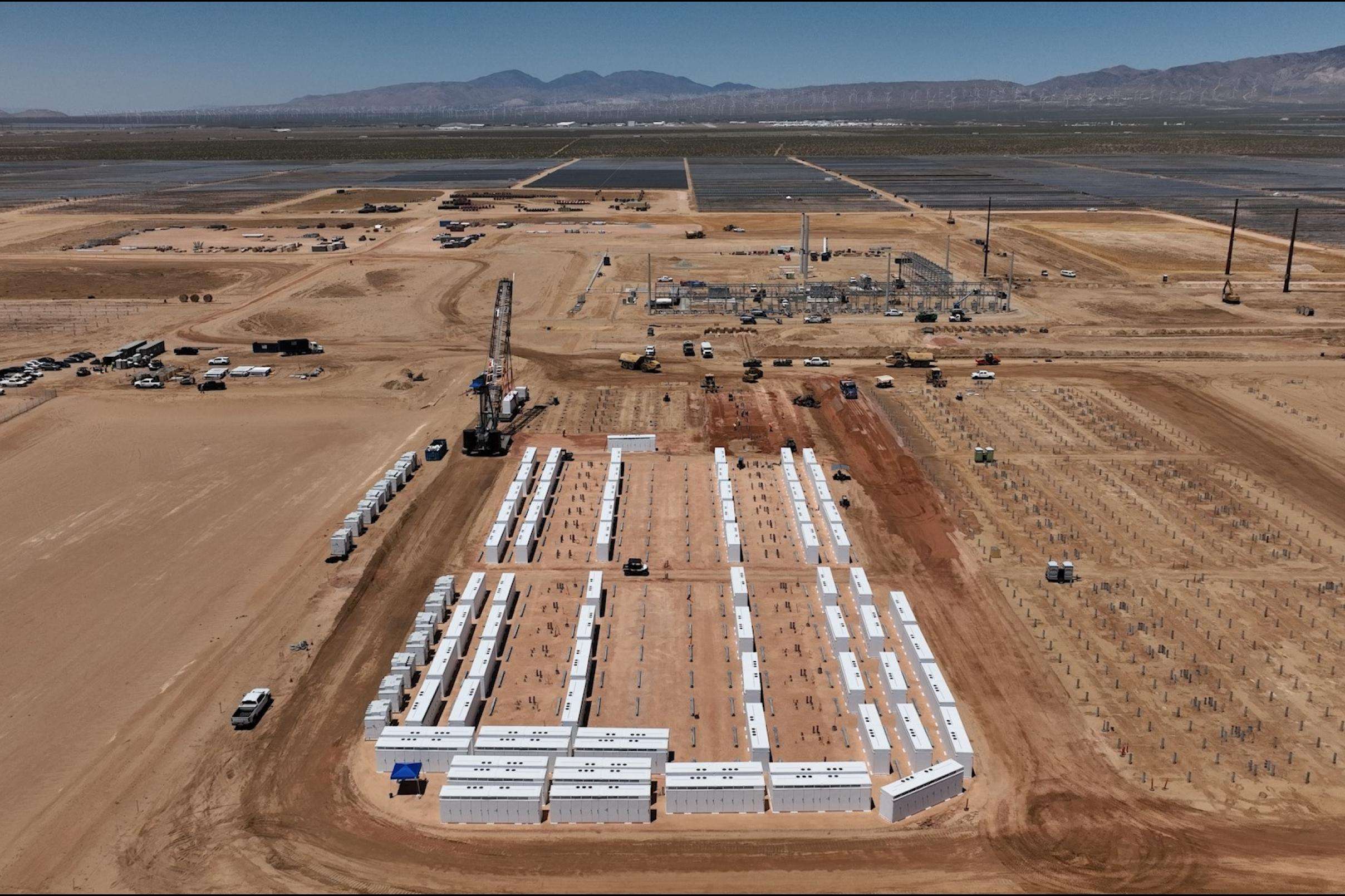 Aerial view of the AES Bellefield solar and battery storage construction site in Kern County, California