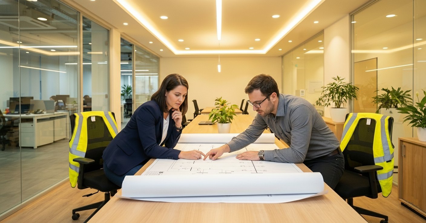 Coastal Grid engineers reviewing large-format design prints in the conference room