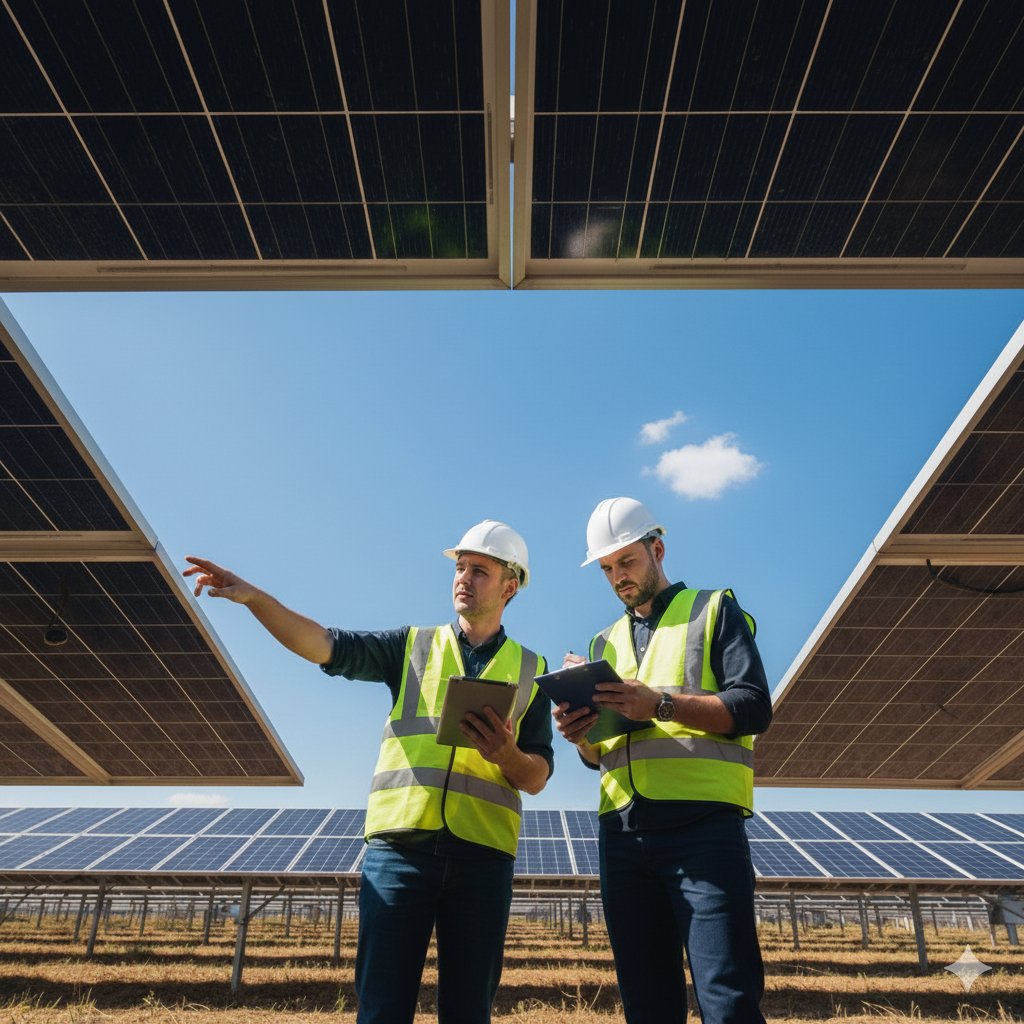 Coastal Grid engineers in safety vests with tablets at a utility-scale solar facility